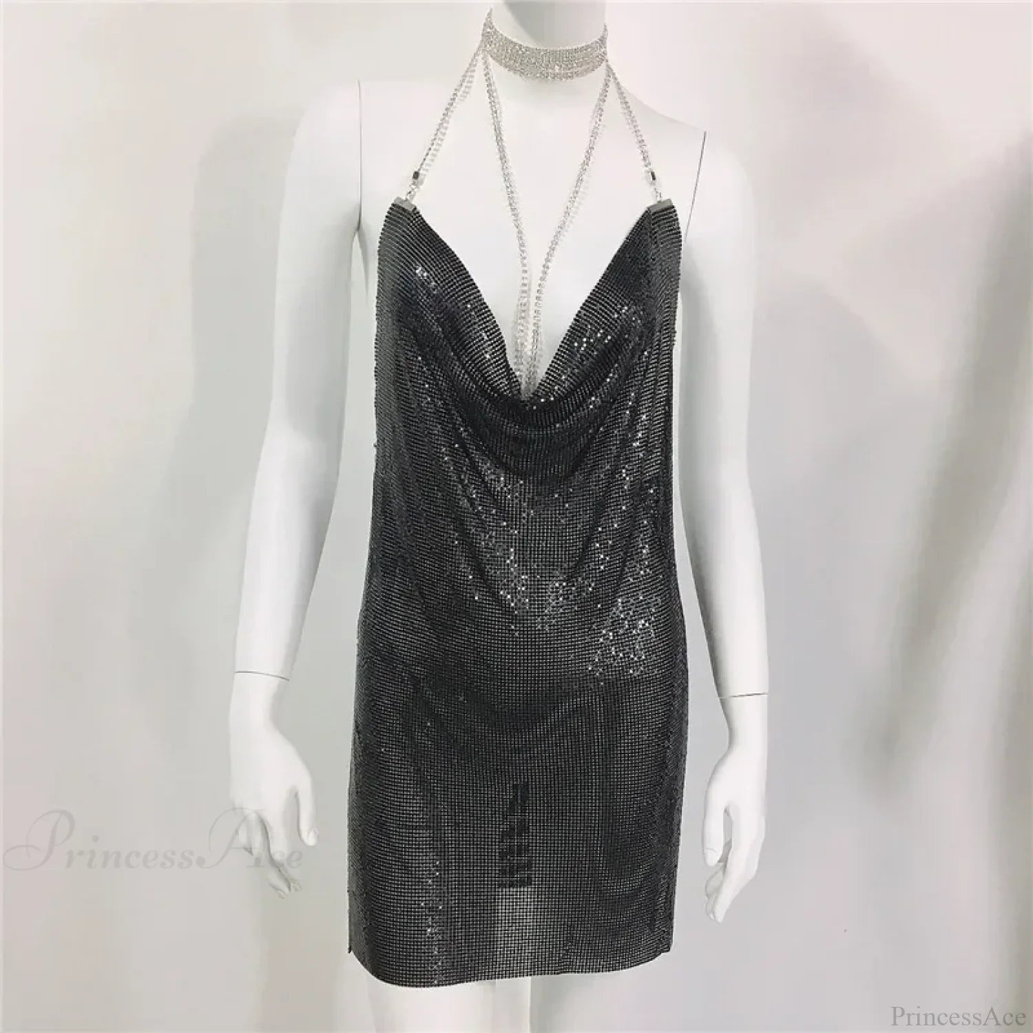 Diamond Halter Sequin Party Dress Black / S Partydress-241208