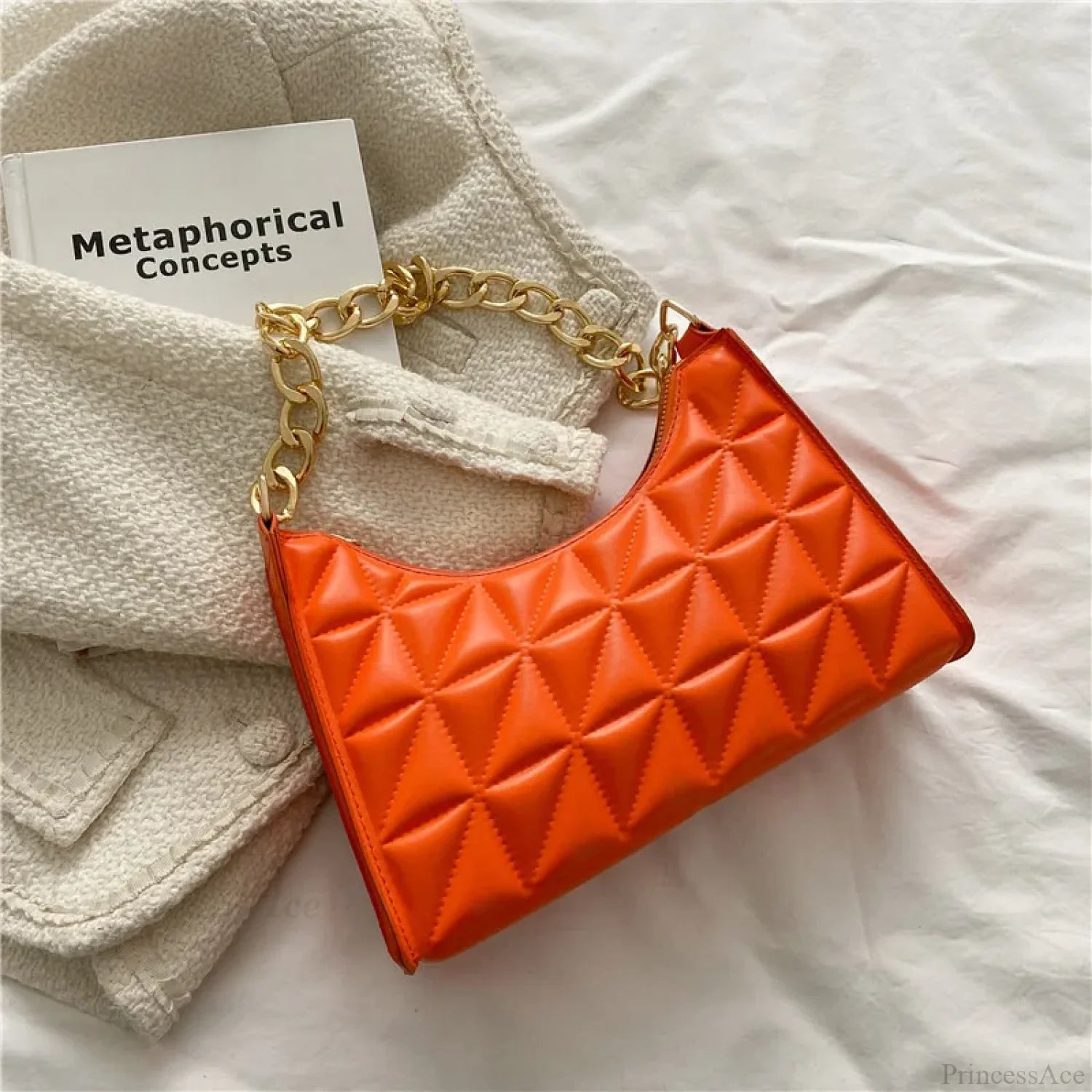 Diamond Pattern PU Leather Chain Shoulder Handbag Orange handbag-250126