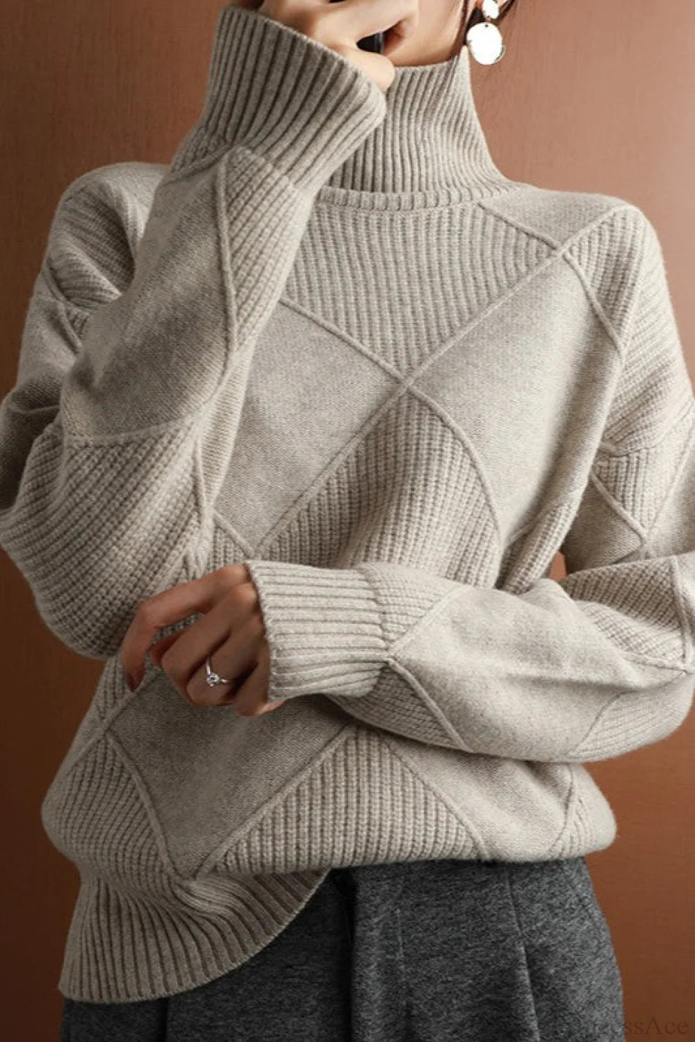 Diamond Pattern Turtleneck Loose Long-Sleeve Sweater Grey / S