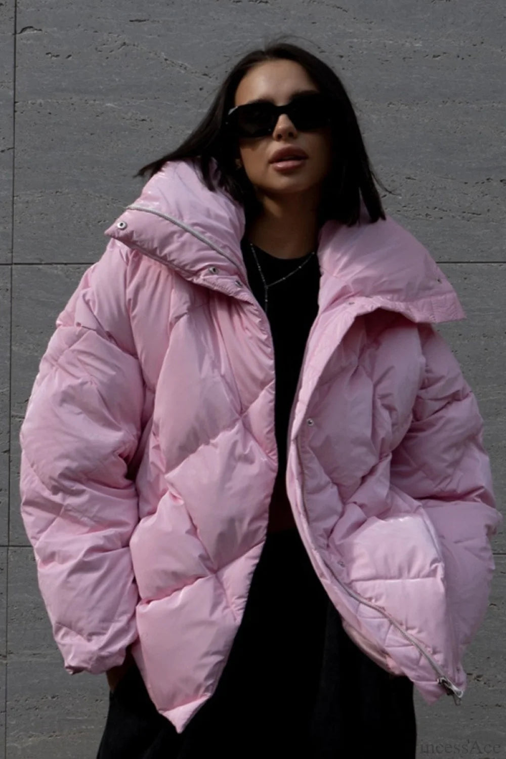 Diamond Quilted Matte Shiny Oversized Wide Lapel Coat