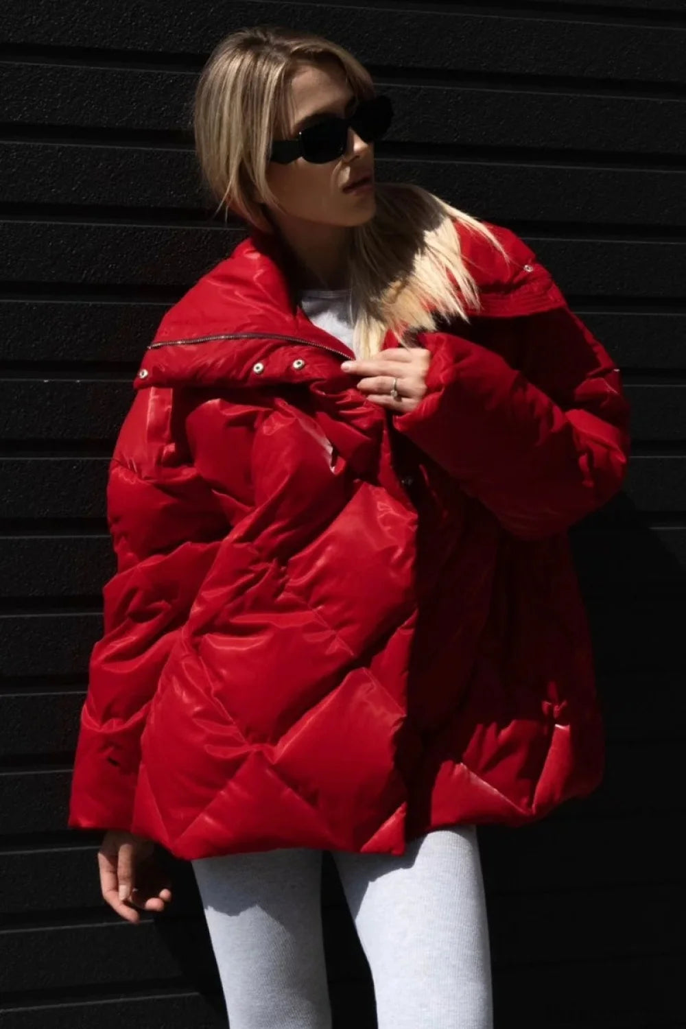 Diamond Quilted Matte Shiny Oversized Wide Lapel Coat Red / S