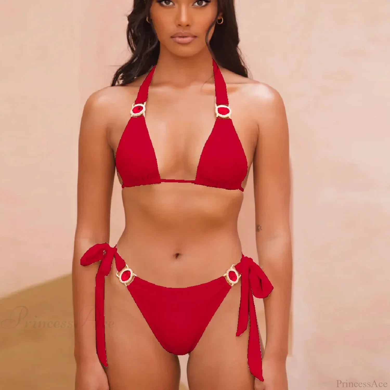 Diamonds Patchwork Halter Bikini Set red / S