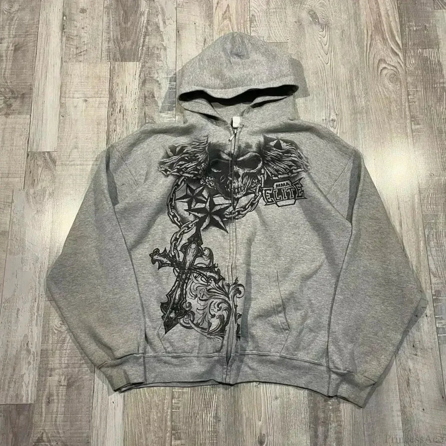 Distress Vintage Gothic Skull Hoodie gray / S