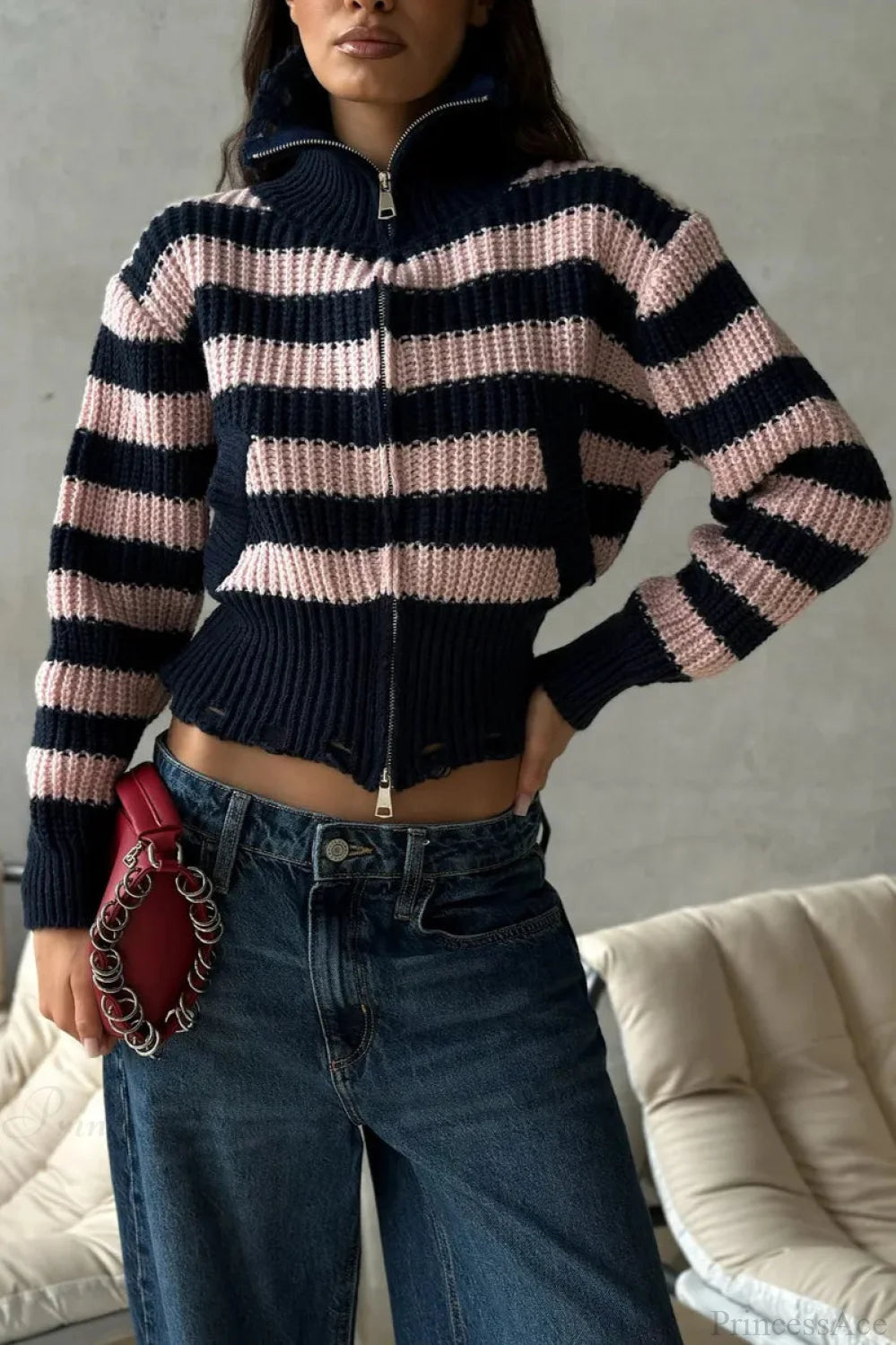 Distressed Color Block Striped Zip Cardigan Pink / S