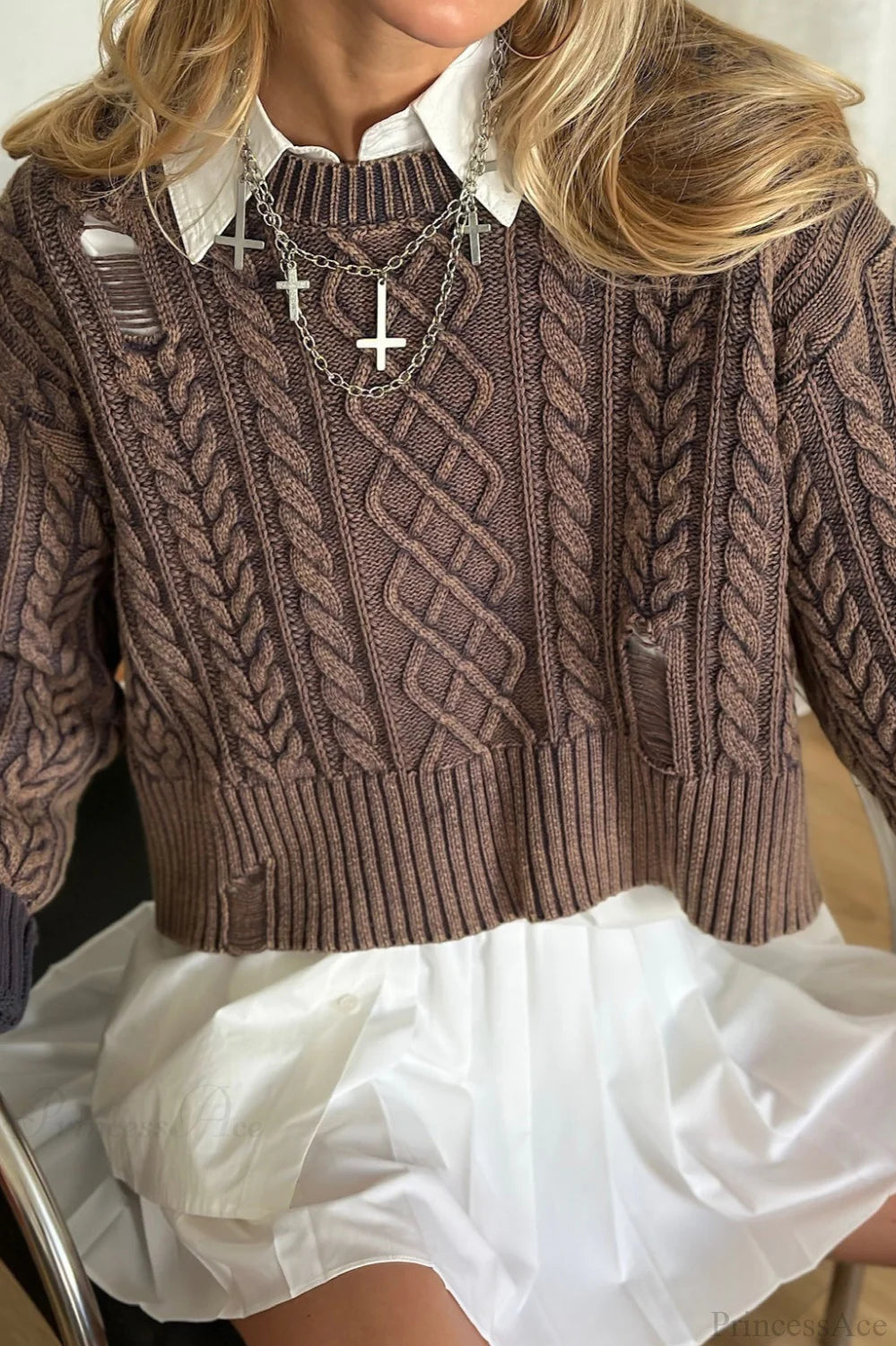 Distressed Crew Neck Cropped Crop Top Knit Sweater Brown / S