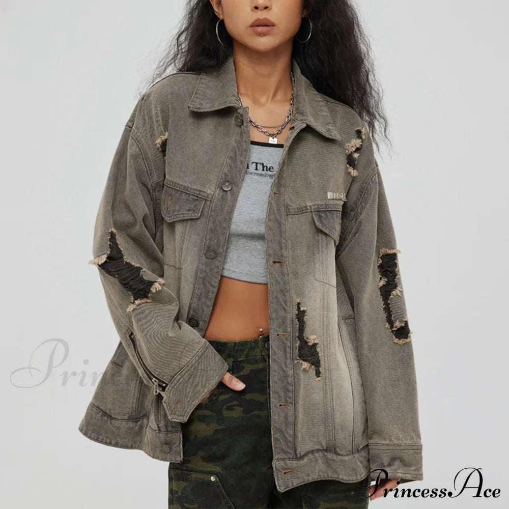 Distressed Denim With Collar Vintage Large Pockets Chic Stylish Elegant Fashionable Versatile