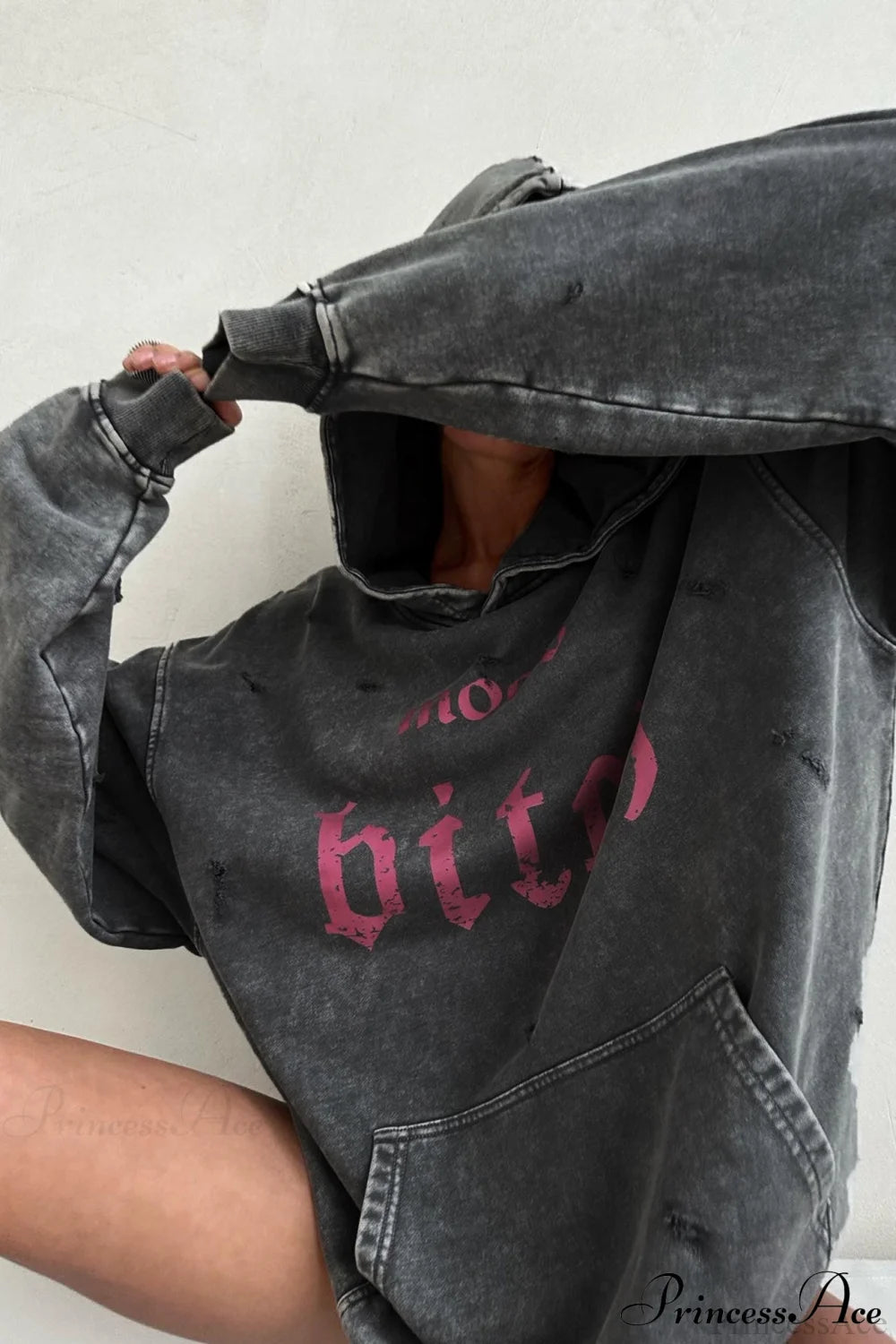 Distressed Hoodie With Letter Print Dark Grey / M