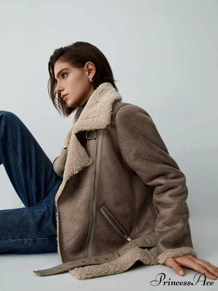 Distressed Leather Graceful Fleece Aviator Jacket Jackets