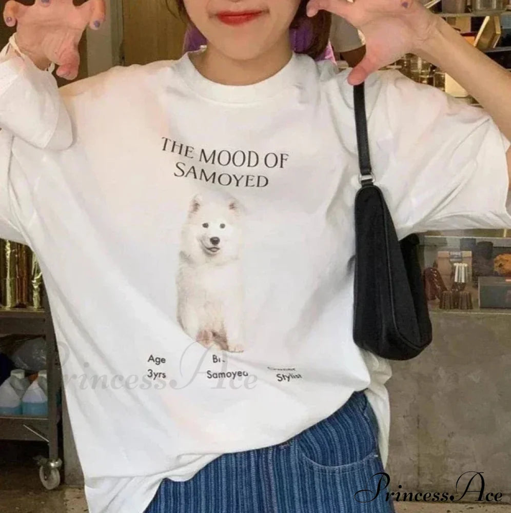 Dog And Letter Charming Print Graphic Tee Cotton Tees