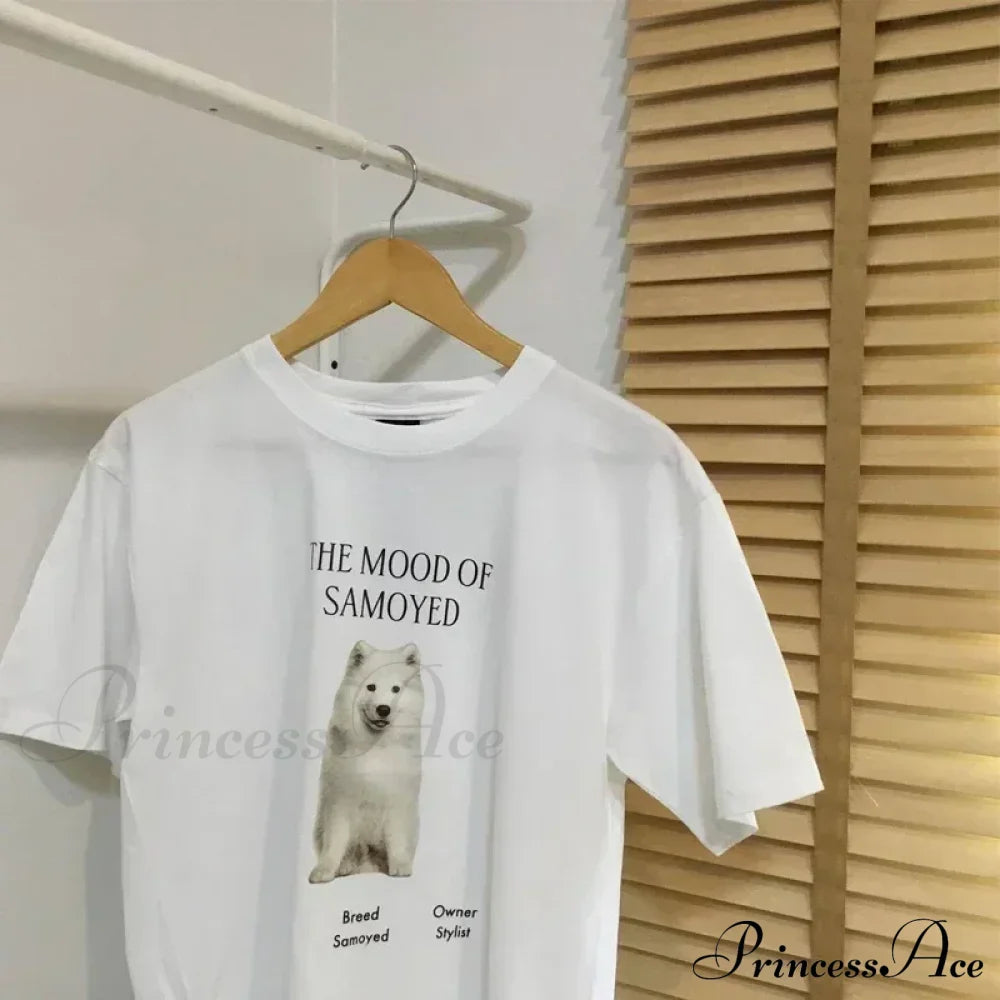 Dog And Letter Charming Print Graphic Tee Cotton Tees