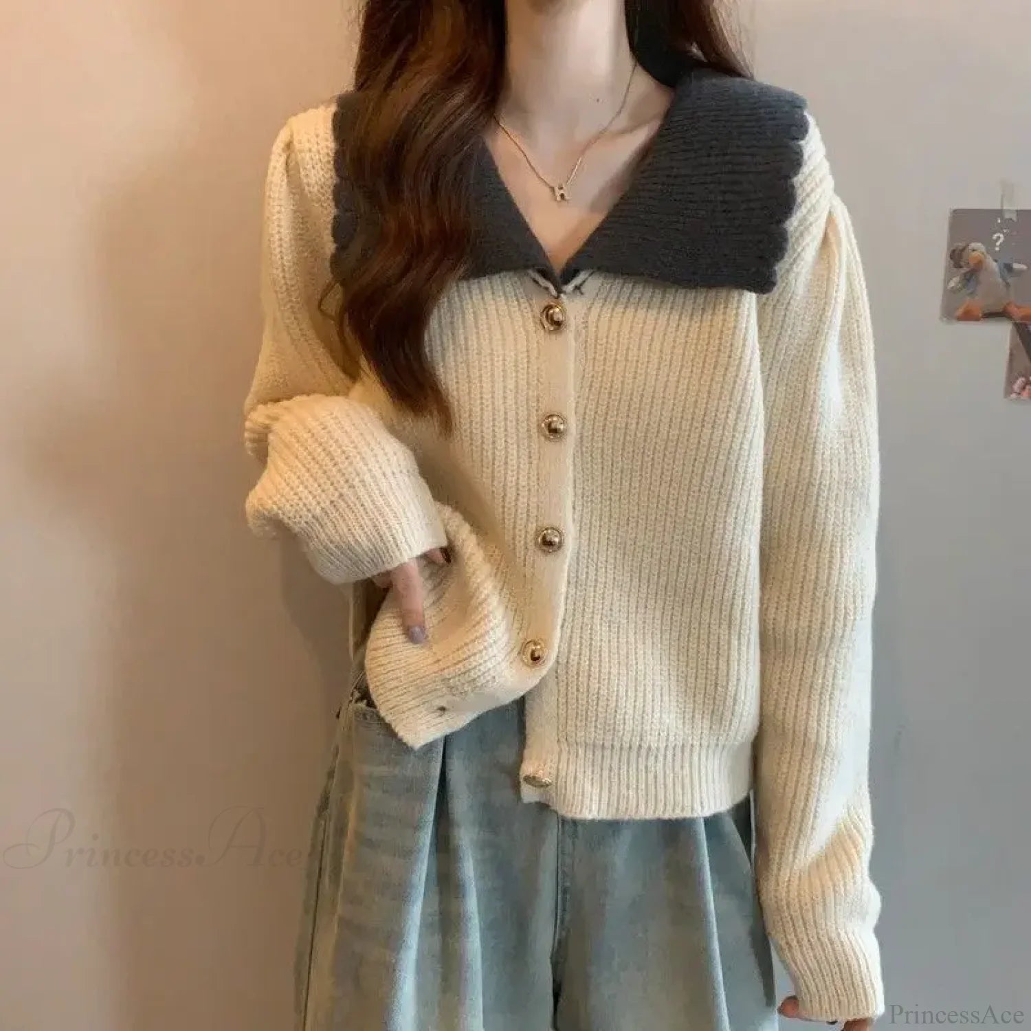 Doll Neck Single Breasted Loose Knit Cardigan apricot / One Size cardiagn-250126