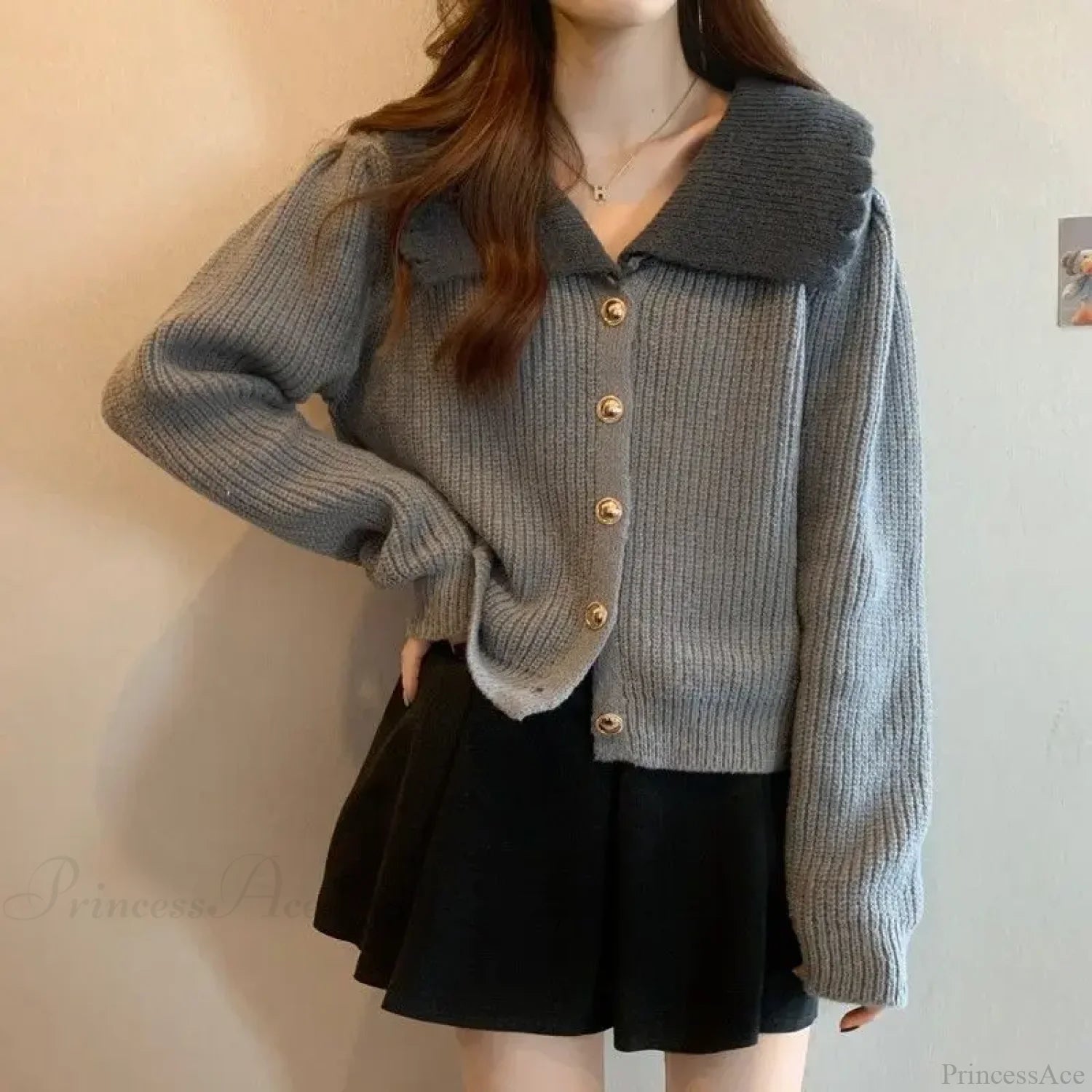 Doll Neck Single Breasted Loose Knit Cardigan cardiagn-250126
