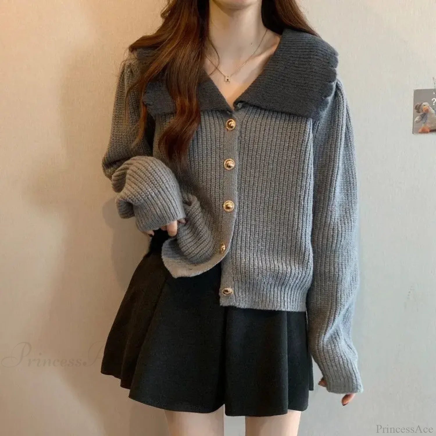 Doll Neck Single Breasted Loose Knit Cardigan Grey / One Size cardiagn-250126