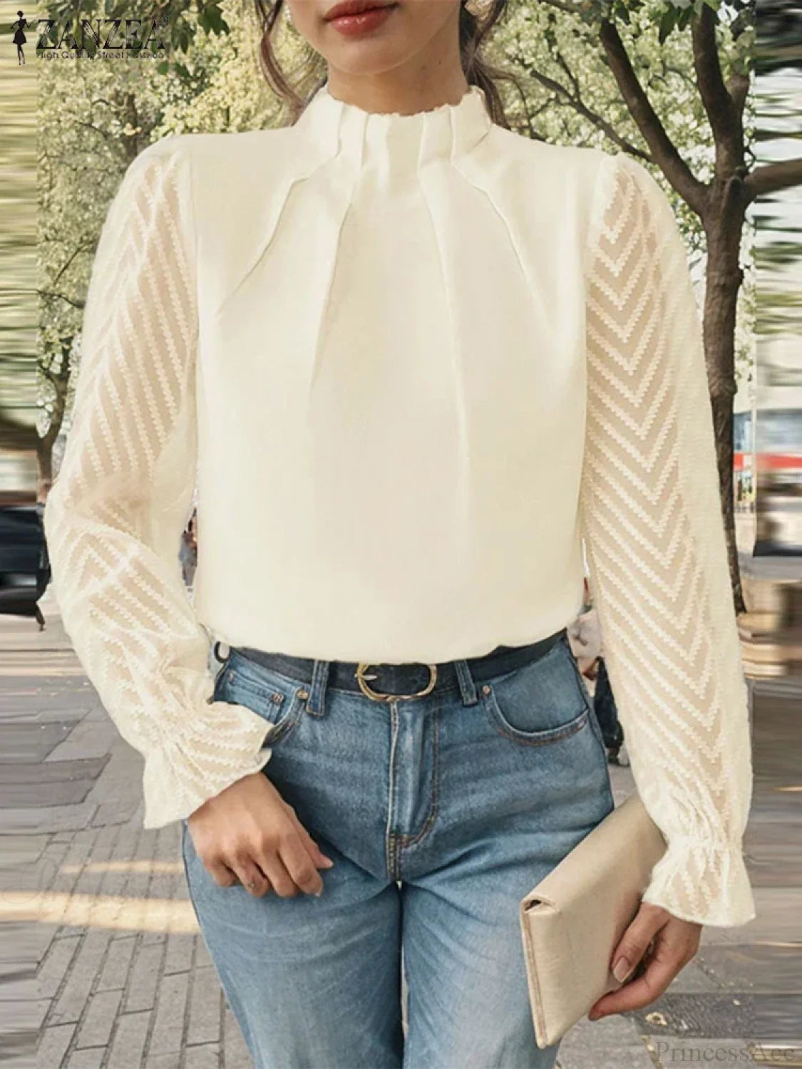 Dot Pleated Mock Neck Long Sleeve Blouse Beige / S blouse-250126