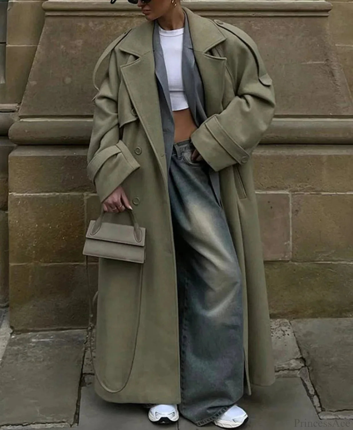 Double-Breasted Wool Belted Overcoat Green / S