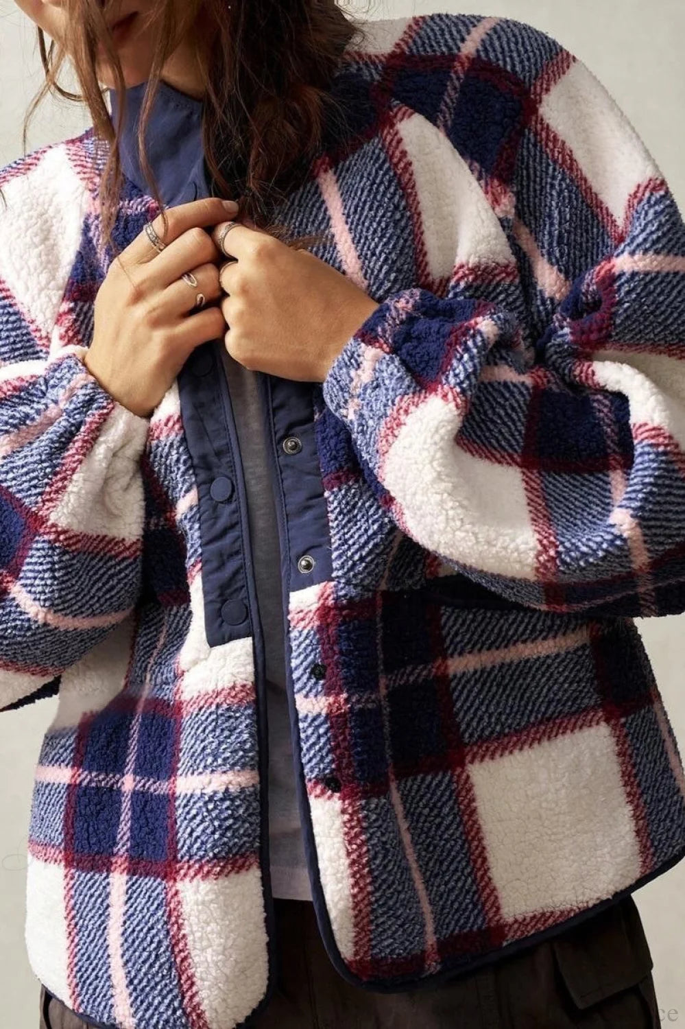 Double-Fleece Plaid Wool Long Sleeve Jacket