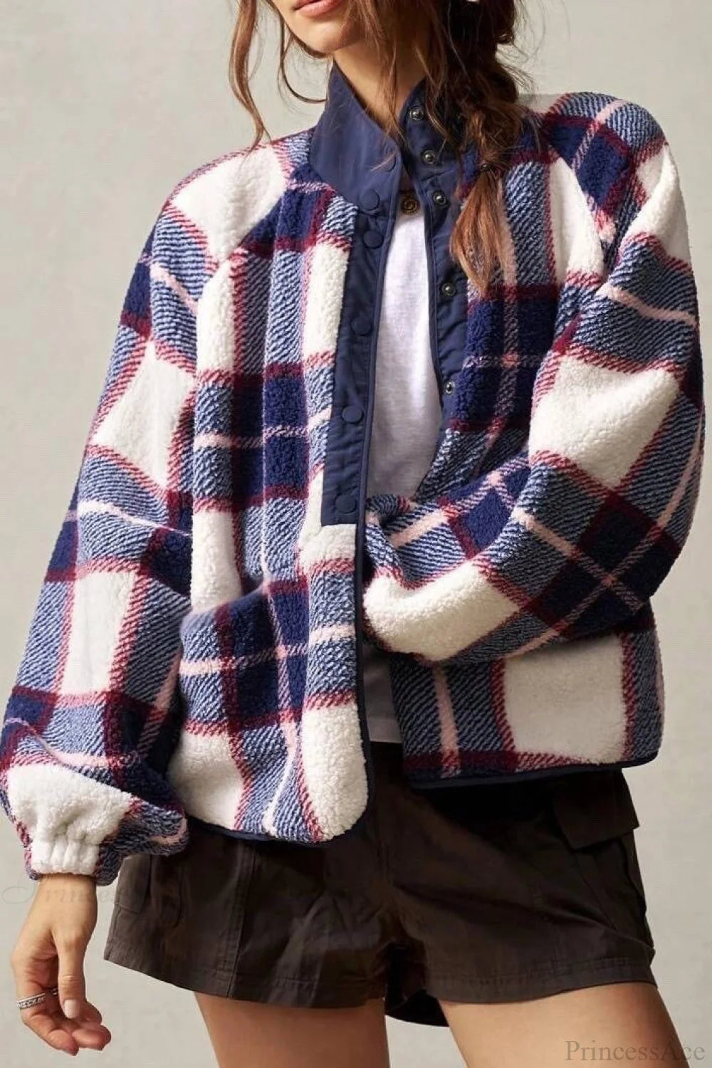 Double-Fleece Plaid Wool Long Sleeve Jacket Blue / S