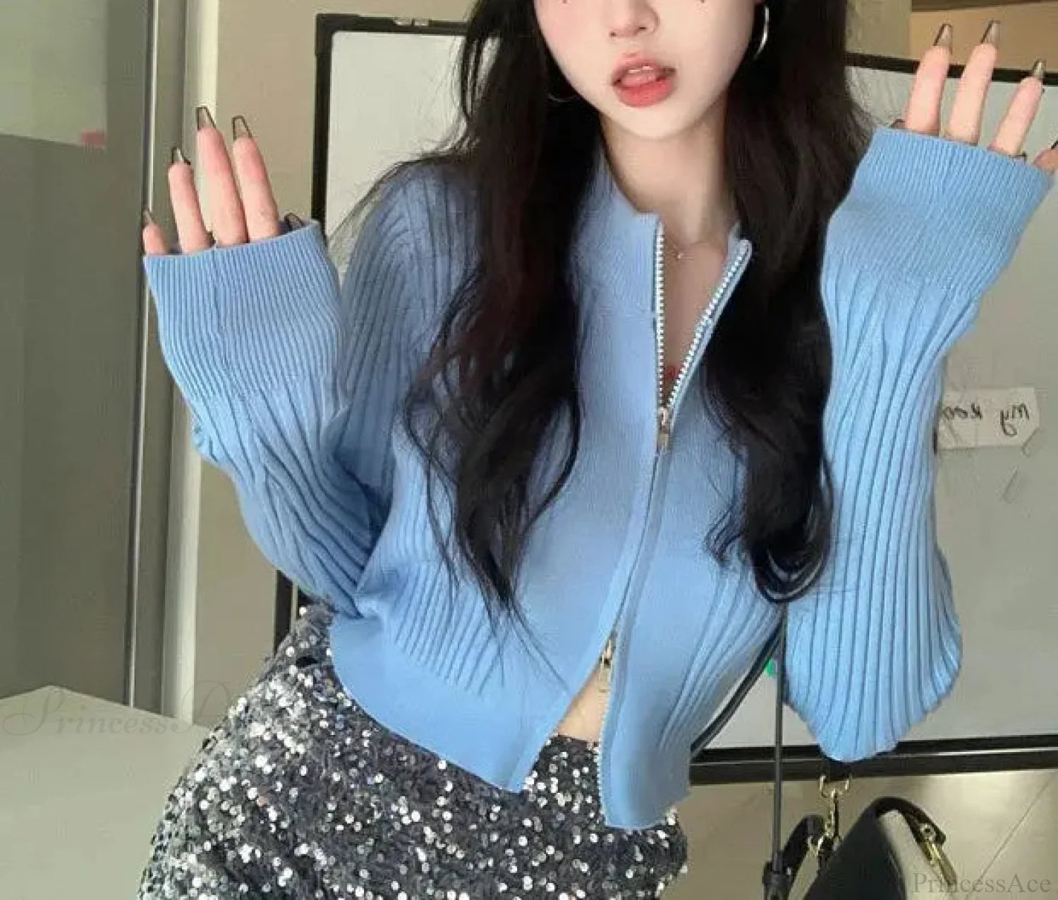 Double-Headed Zipper High Quality Knitted Cardigan Coat Blue / one size (36-60KG) cardiagn-250126