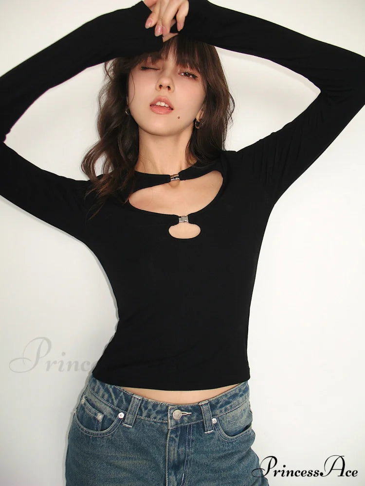 Double Keyholes Graceful Long Sleeve Top T-Shirts