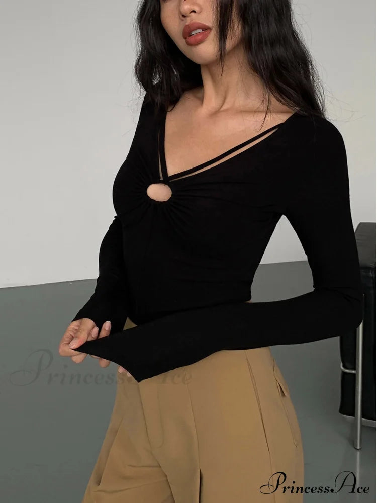Double Sided Keyhole Trendy Rib Long Sleeve Shirt T-Shirts