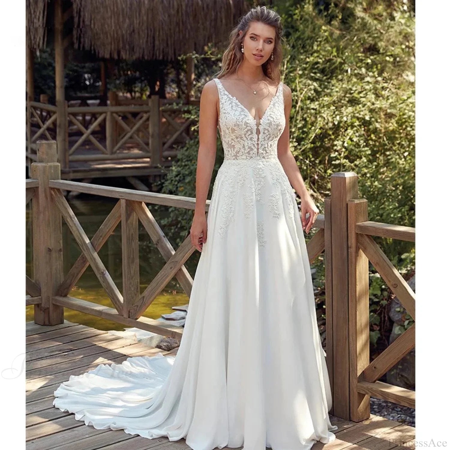 Double Strap Deep V-Neck Lace Wedding Dress weddingdress-250223