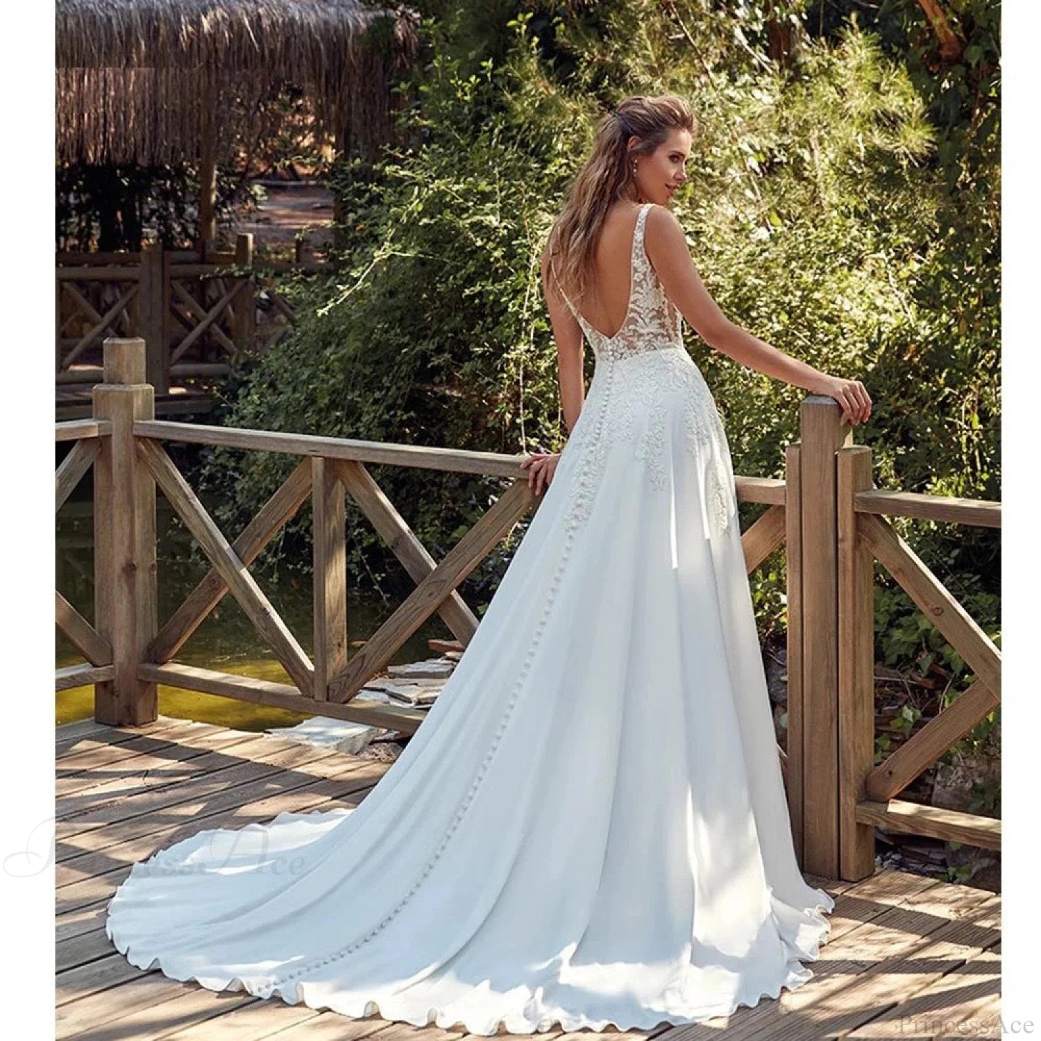 Double Strap Deep V-Neck Lace Wedding Dress white / 2 weddingdress-250223