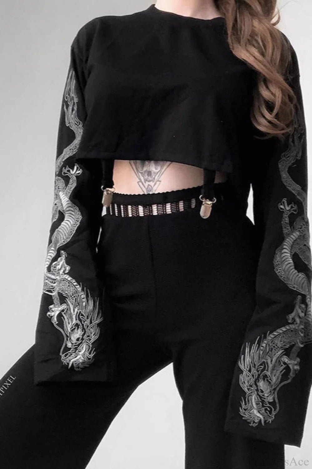 Dragon Print Cropped Hip Hop Hoodie Black / S