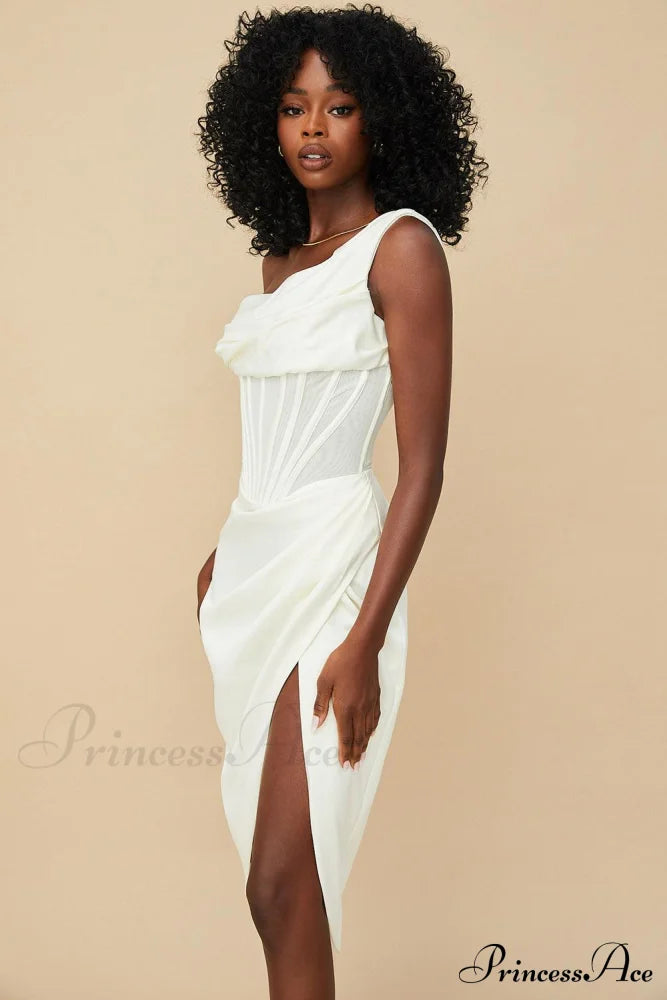 Draped Diva One-Shoulder Charming Corset Bodycon Midi Dress Dresses