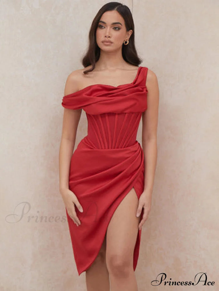 Draped Diva One-Shoulder Charming Corset Bodycon Midi Dress M / White Dresses