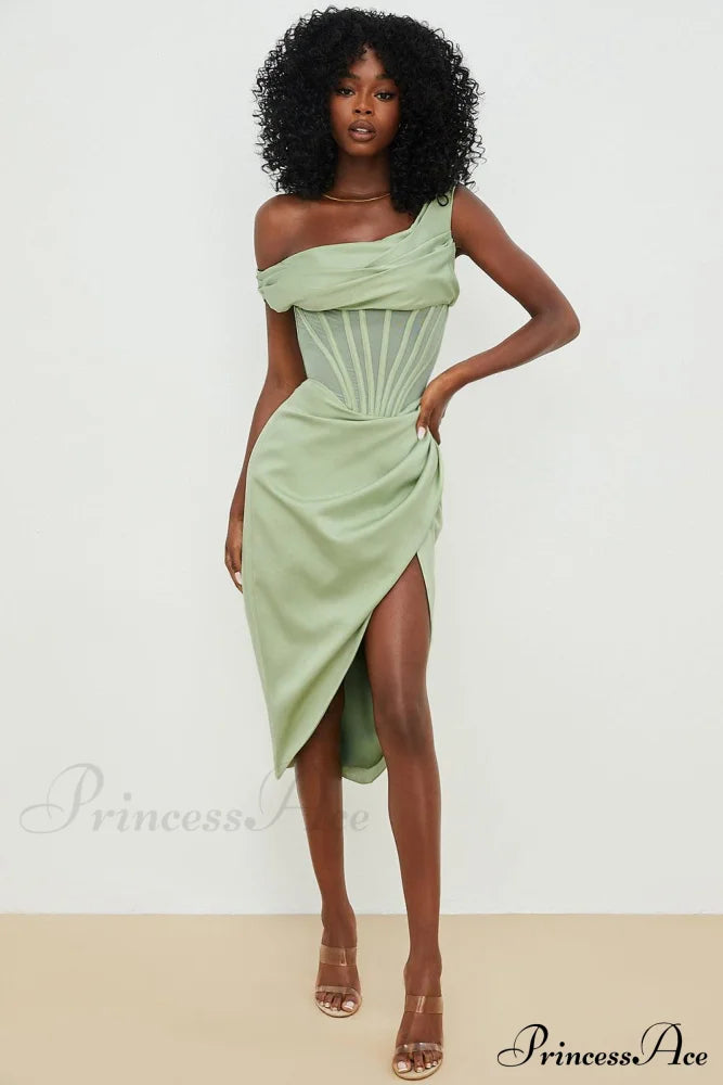 Draped Diva One-Shoulder Charming Corset Bodycon Midi Dress S / Sage Dresses