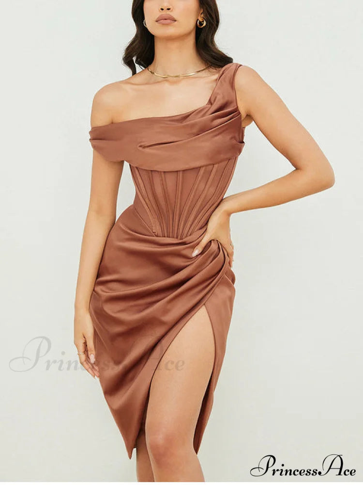 Draped Diva One-Shoulder Charming Corset Bodycon Midi Dress Xs / Brown Dresses