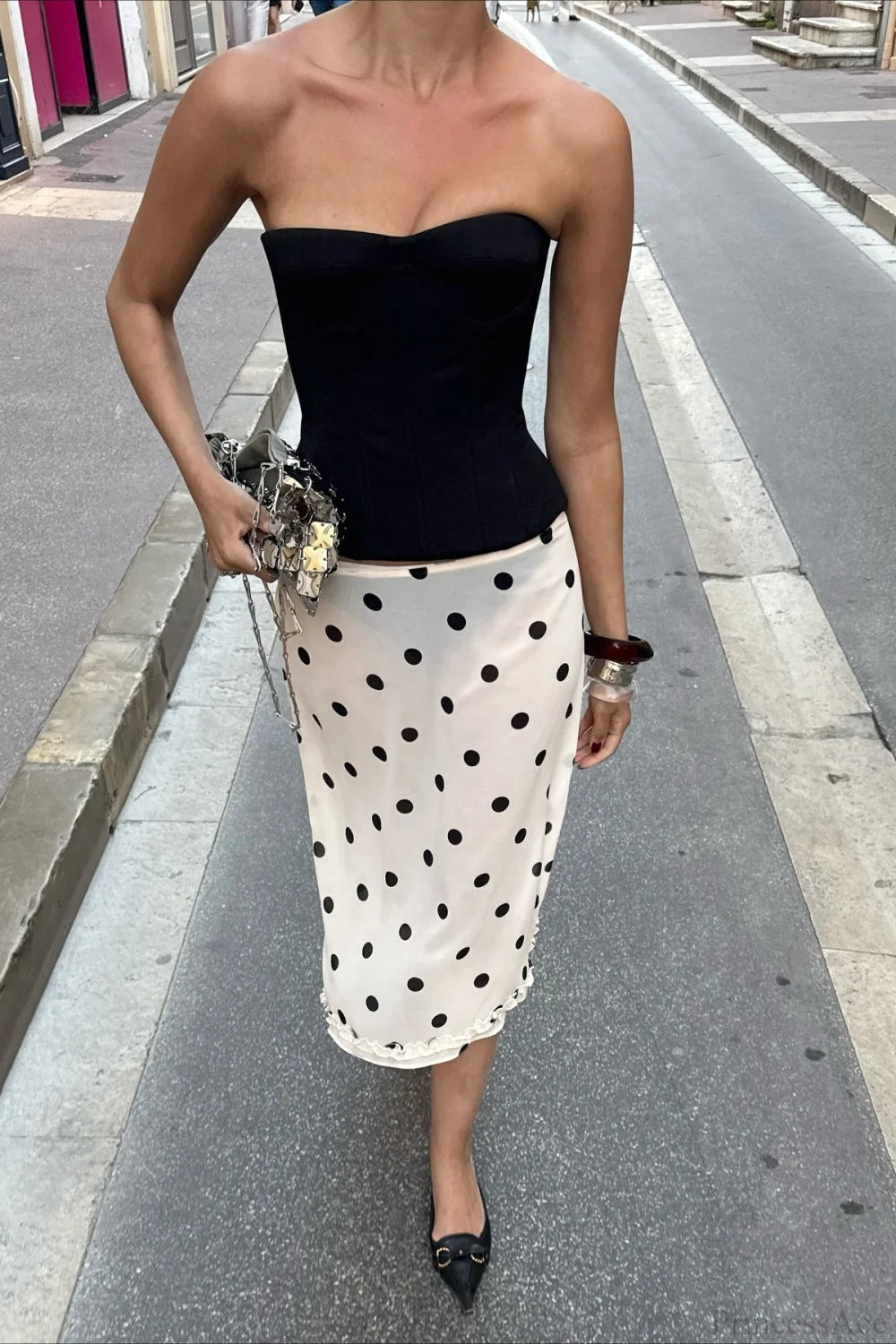 Draped Polka Dot High Waist Skirt