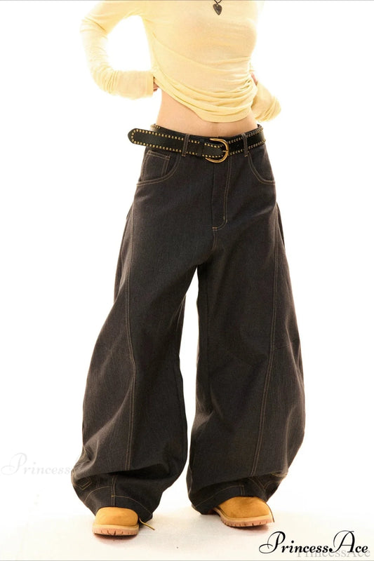 Drapey Curved Wide-Leg Floor-Length Jeans Black / S