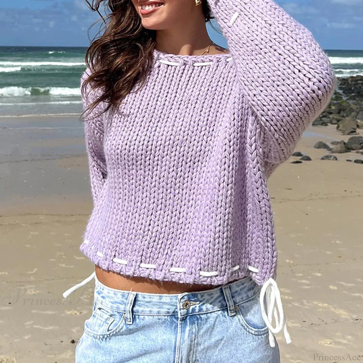 Drawstring Loose Long Sleeve Sweater PURPLE / S