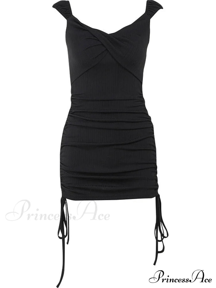 Drawstring Side Ruched Bodycon Dress In Black Black Bodycon Dress