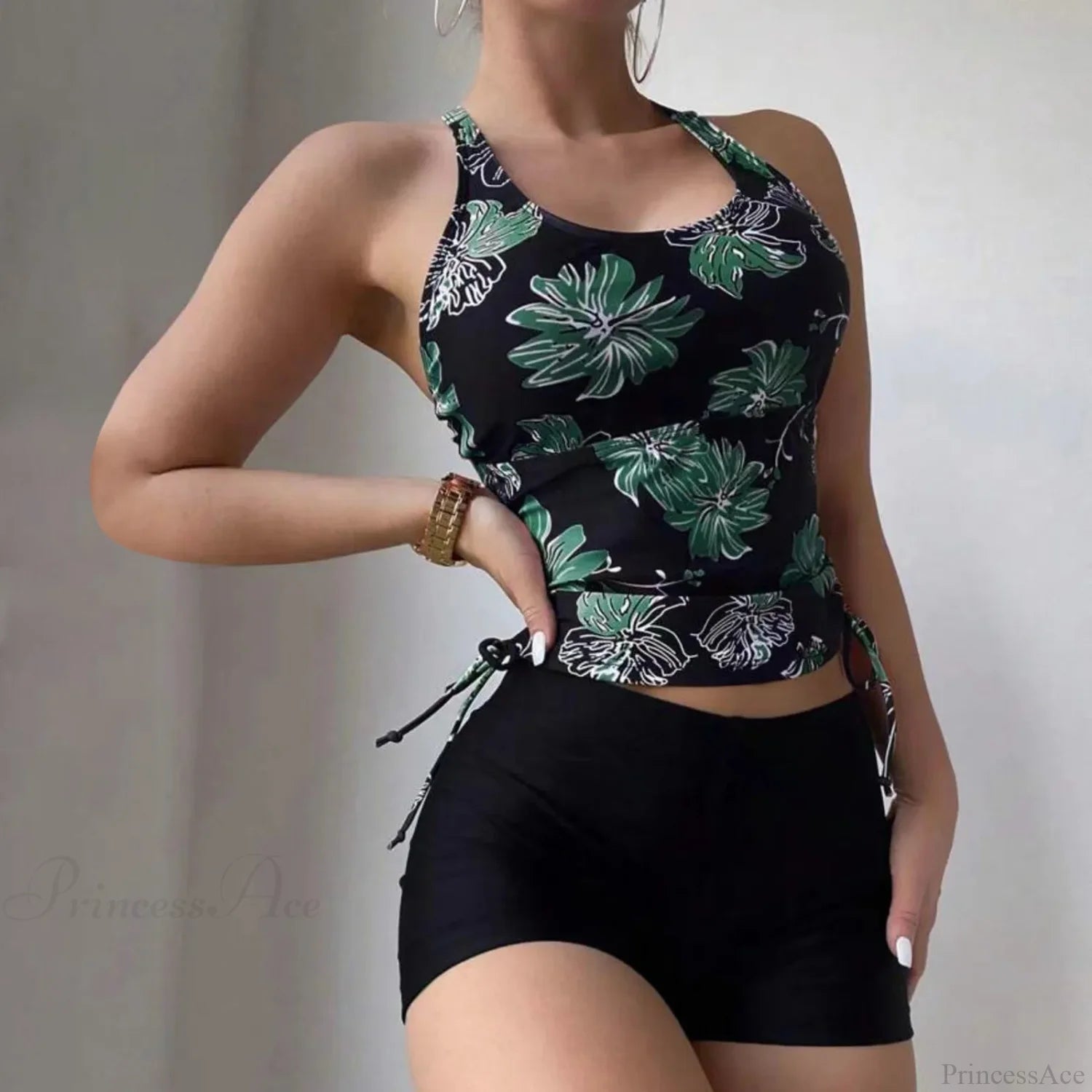 Drawstring Strap Crew Neck Two Piece Set Green / S