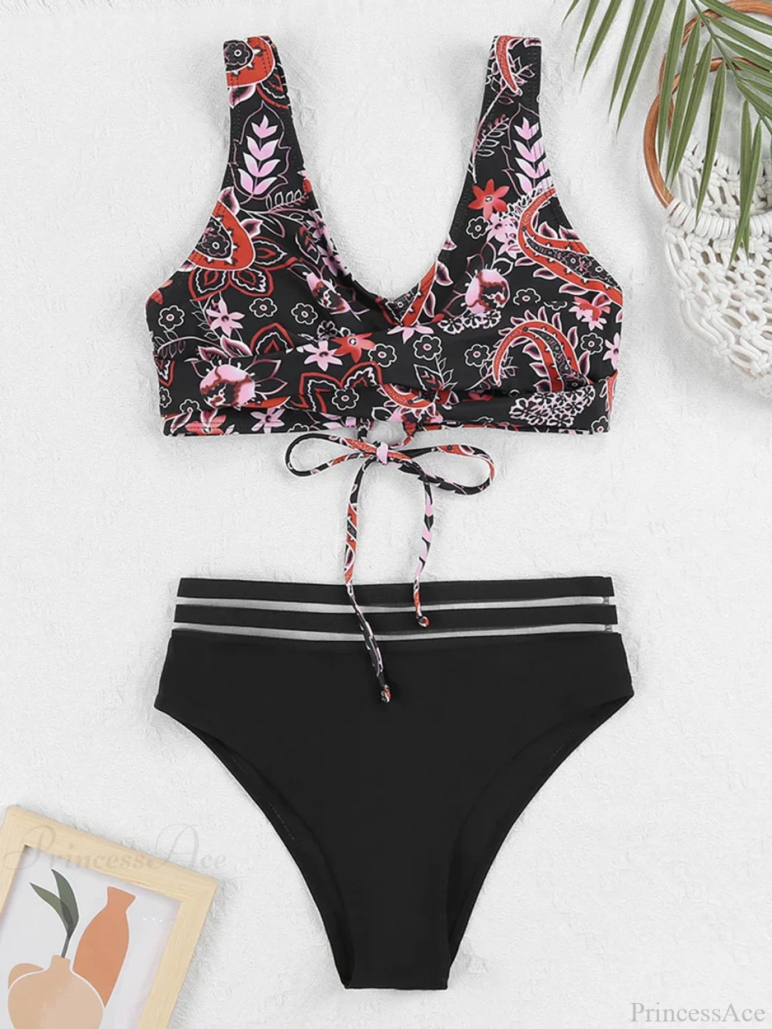 Drawstring Strap Tape Print Two Piece Set Red1 / S