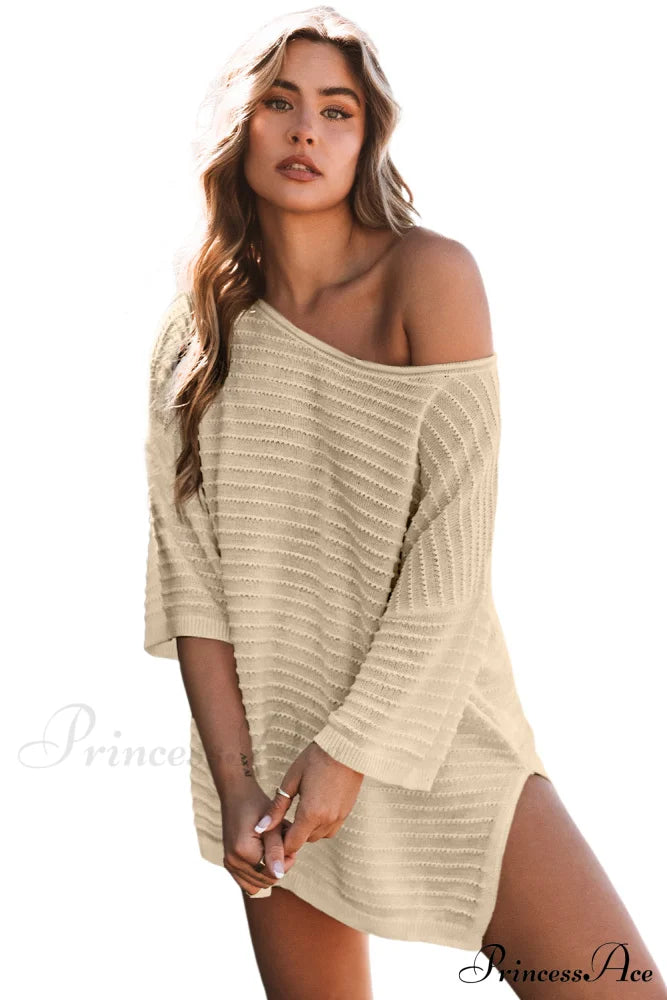 Drop Textured Knit Shoulder Tee - Apricot Tops