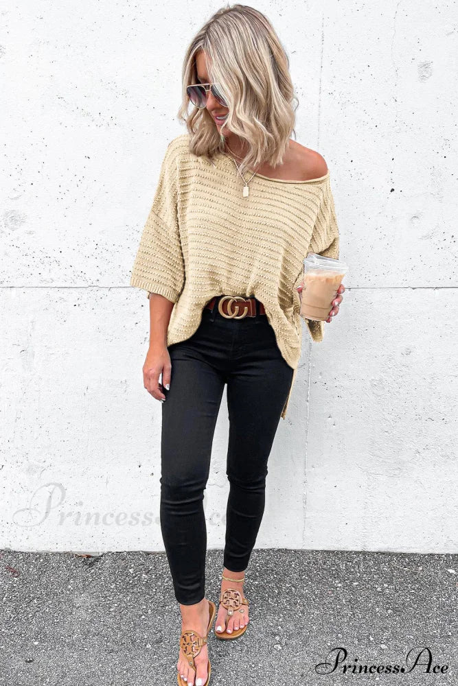 Drop Textured Knit Shoulder Tee - Apricot Tops