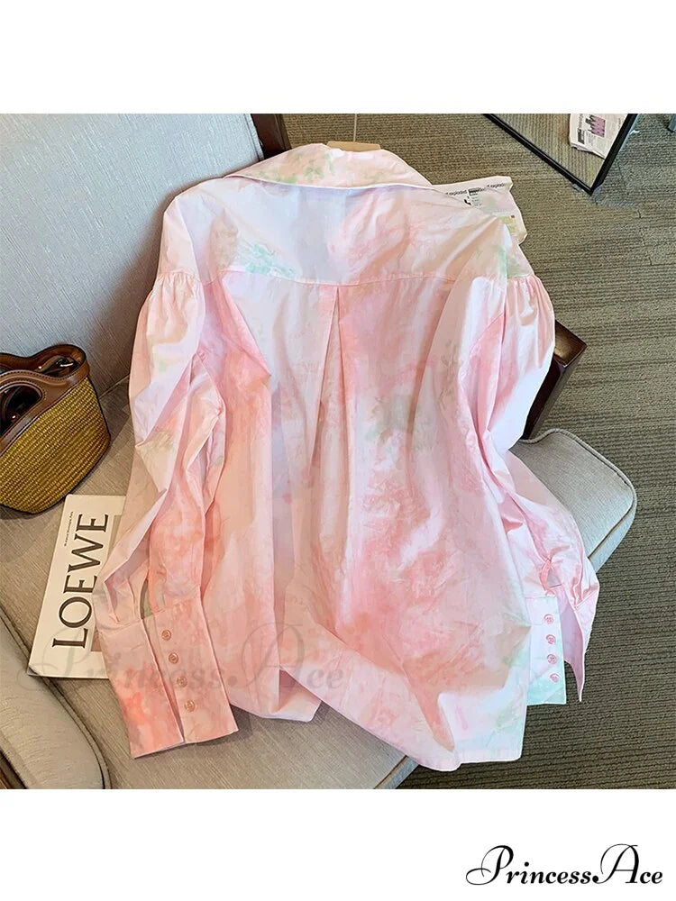 Dye Loose Korean Arm Spring Blouse 2024 Single Women’s Fashion Female Long With Tie Casual