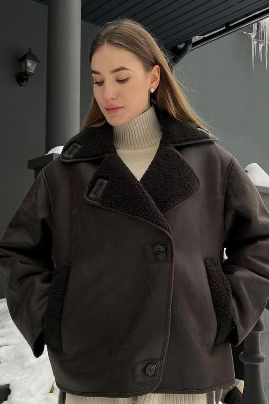 Oversized Shearling Collar Faux Suede Jacket