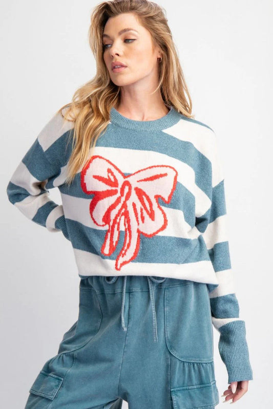 Bow Detail Jacquard Crewneck Long Sleeve Sweater