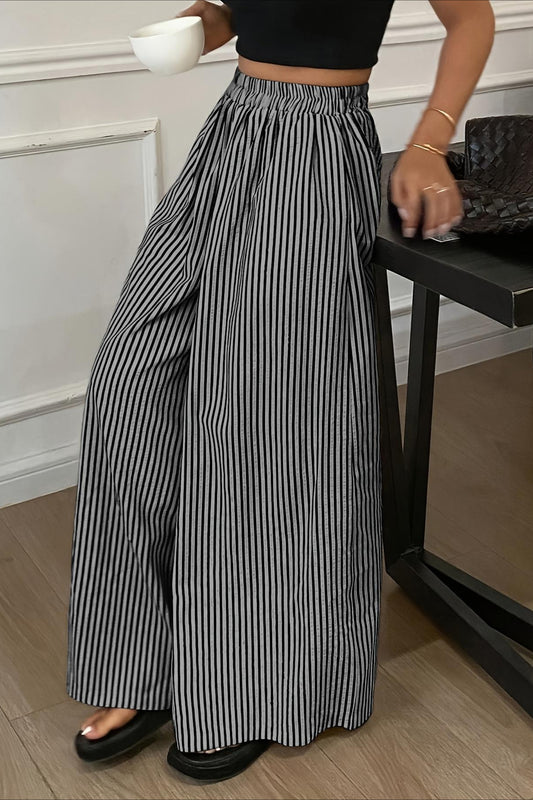 Vertical Stripe Elastic Waist Wide Leg Pants