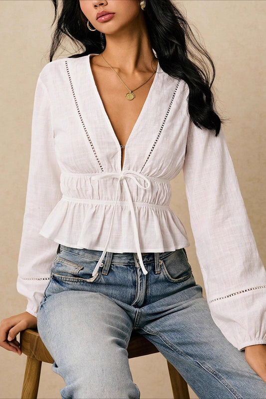 Drawstring Waist Lace Trim Blouse