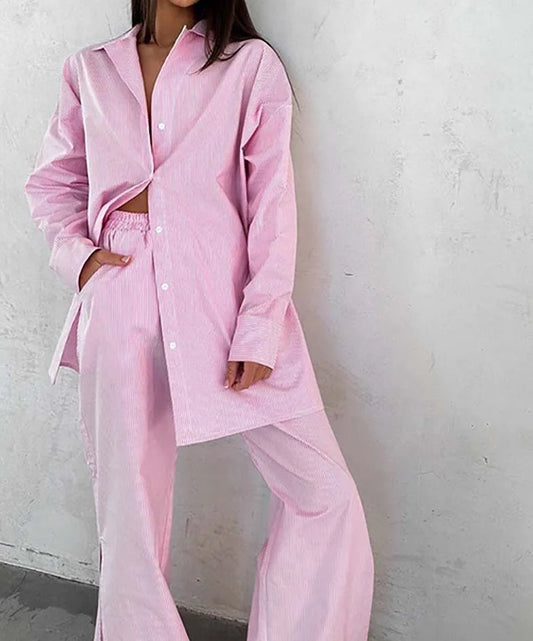 Blaues, gerade geschnittenes Büro-Zweiteiler-Set mit Baumwolldruck und Revers