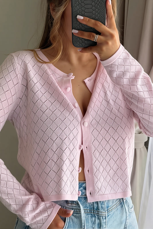 Pointelle Round Neck Button Cardigan