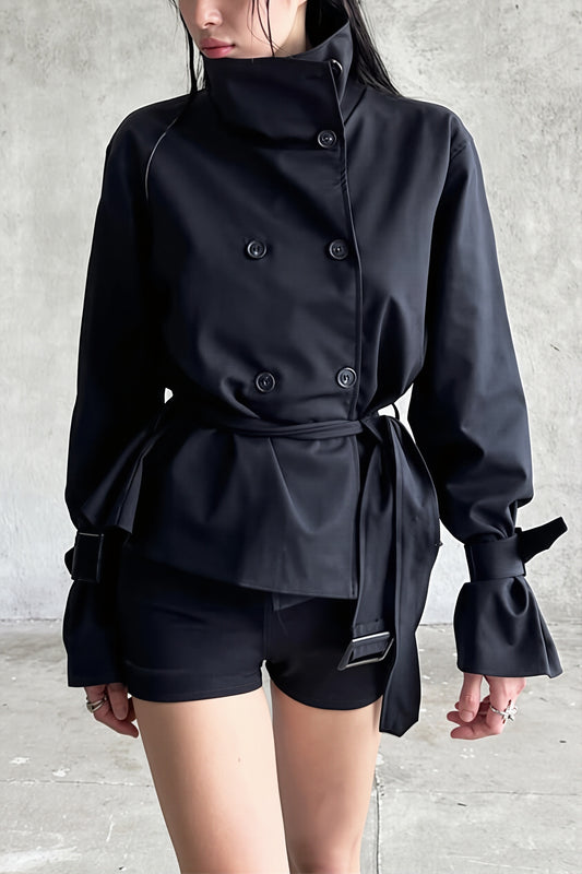 High Neck Belted Double Breasted Trench Coat