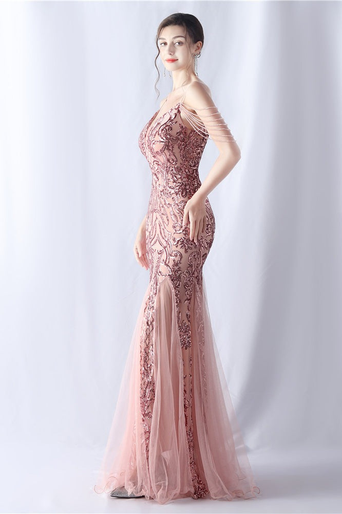 Beaded Mesh Cocktail Maxi Dress