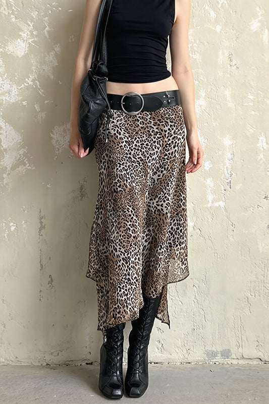 Leopard Mesh Asymmetric Midi Skirt