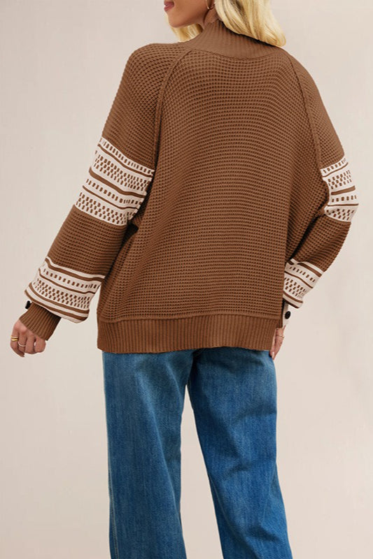 Color-Block Mock Neck Fashion Knit Sweater